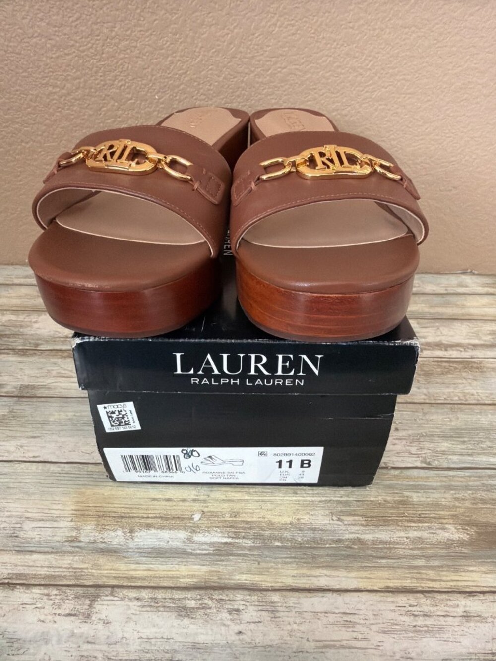 Ralph Lauren Roxanne Block Heel Slide Sandals Tan Leather Sz 11 New in Box - Picture 2 of 15